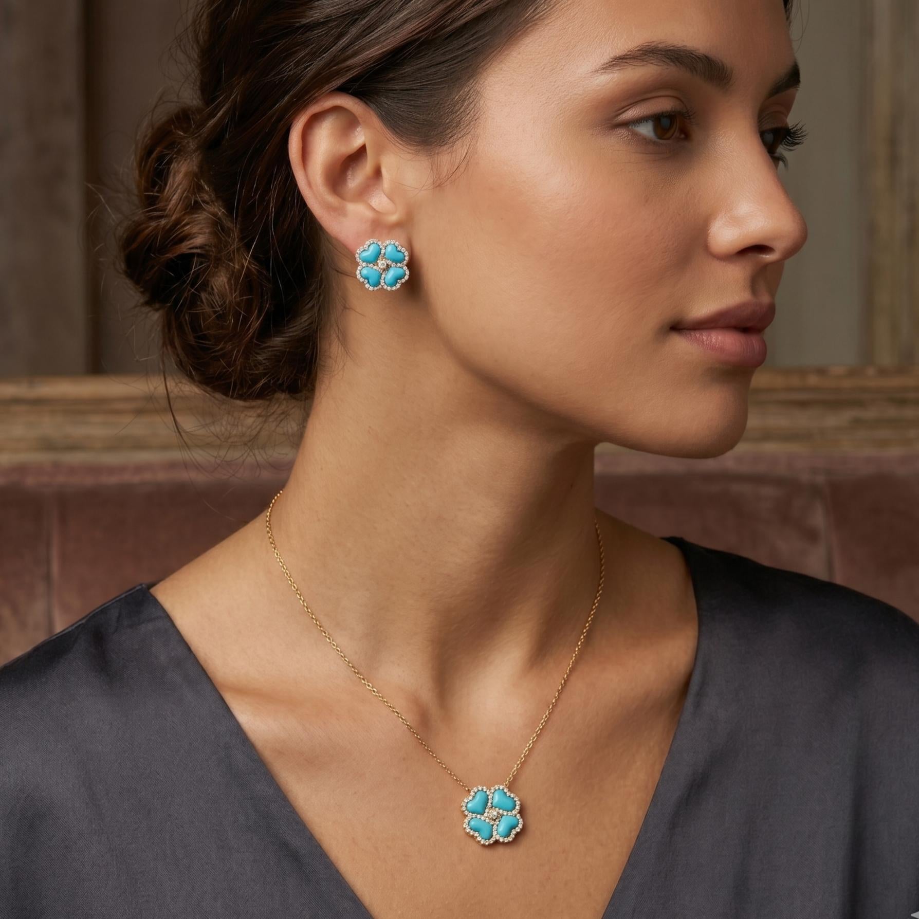 14K Gold Diamond & Turquoise Flower Earring - 0.48 CT