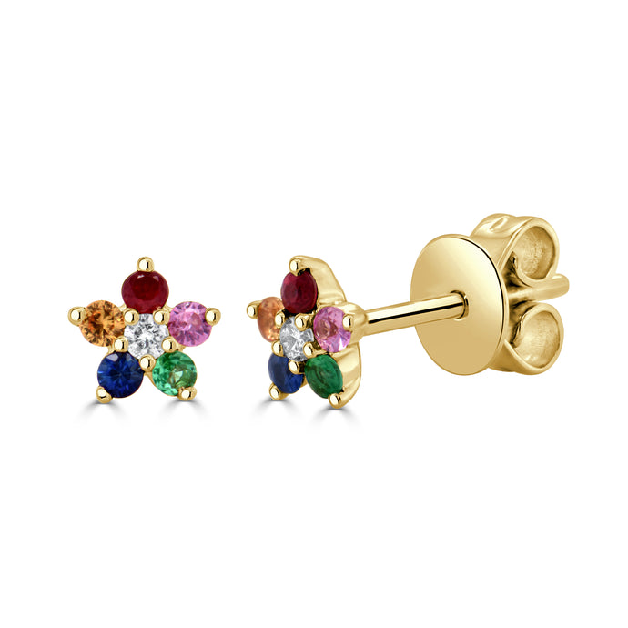 14k Gold & Rainbow Sapphire Flower Studs