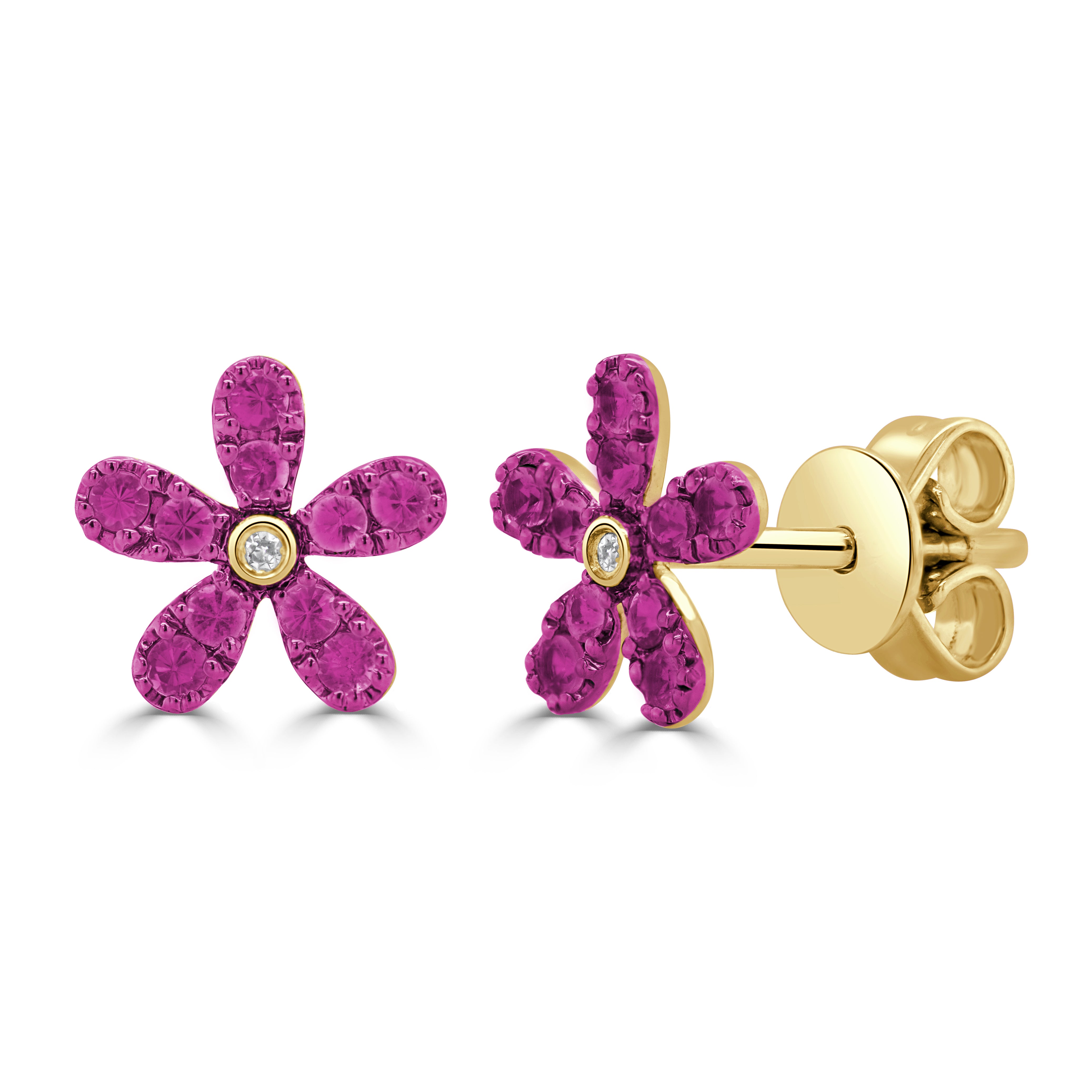 14K Gold Gemstone & Diamond Flower Stud Earrings