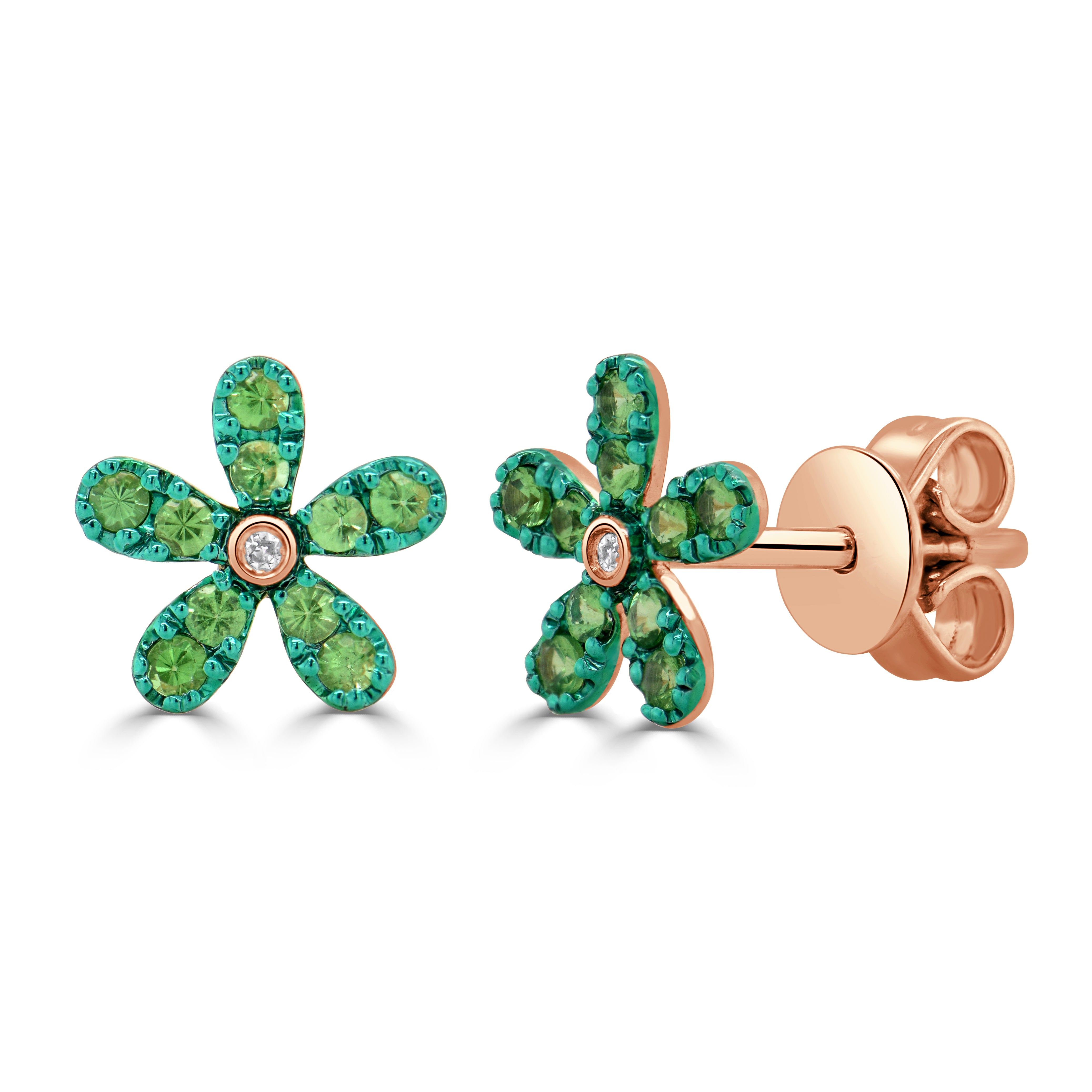 14K Gold Gemstone & Diamond Flower Stud Earrings