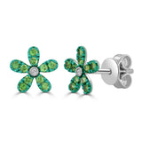 14K Gold Gemstone & Diamond Flower Stud Earrings