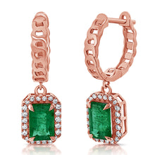 Load image into Gallery viewer, 14K Gold Emerald &amp; Diamond Dangle Link Huggie Earrings