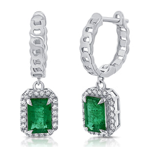 14K Gold Emerald & Diamond Dangle Link Huggie Earrings