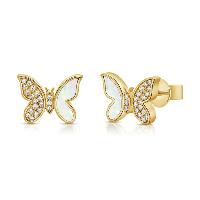 14K Gold Mother of Pearl & Diamond Butterfly Earrings