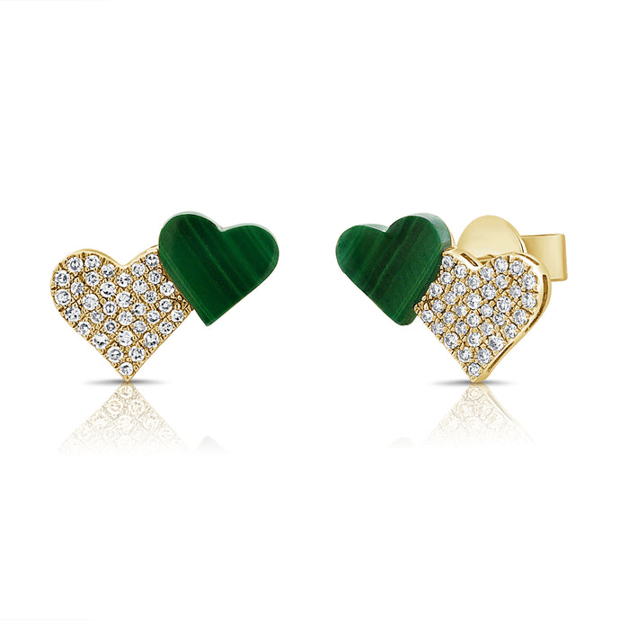 14K Gold Malachite & Diamond Double Heart Stud Earrings