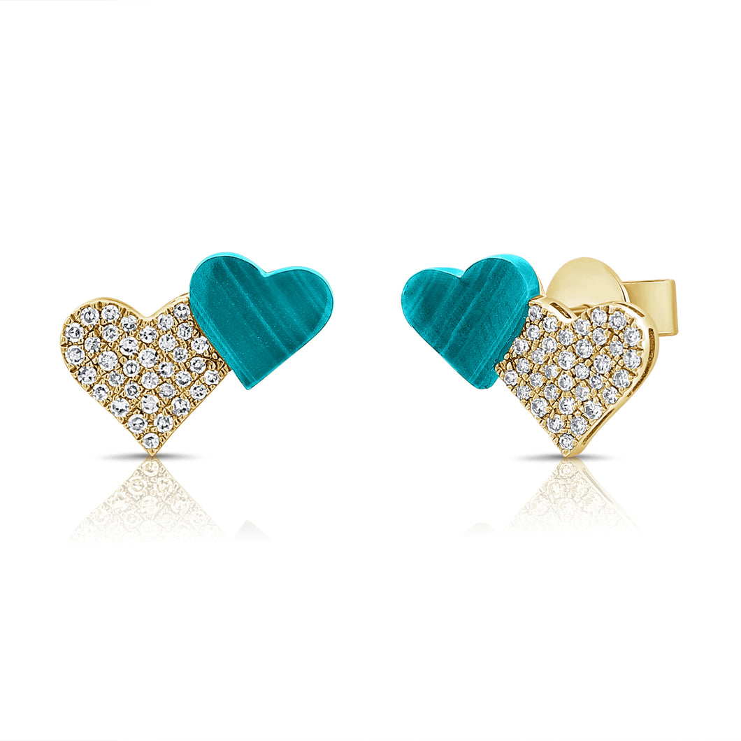 14K Gold Turquoise & Diamond Double Heart Earrings