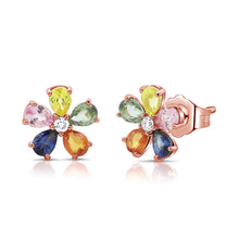 Load image into Gallery viewer, 14K Gold Multi-Gemstone &amp; Diamond Flower Stud Earrings