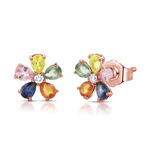 14K Gold Multi-Gemstone & Diamond Flower Stud Earrings