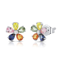 Load image into Gallery viewer, 14K Gold Multi-Gemstone &amp; Diamond Flower Stud Earrings