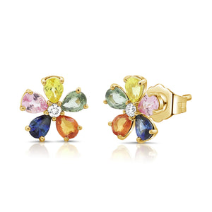 14K Gold Multi-Gemstone & Diamond Flower Stud Earrings