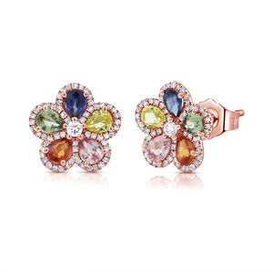 14K Gold & Multi-Color Gemstone Flower Stud Earrings