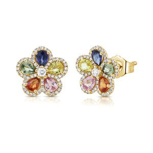 14K Gold & Multi-Color Gemstone Flower Stud Earrings