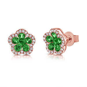 14K Gold Emerald & Diamond Flower Stud Earrings