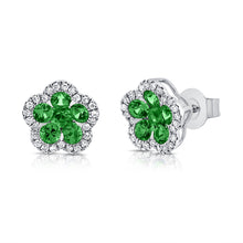 Load image into Gallery viewer, 14K Gold Emerald &amp; Diamond Flower Stud Earrings