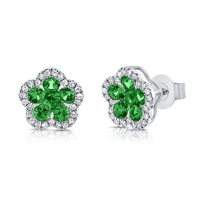 14K Gold Emerald & Diamond Flower Stud Earrings