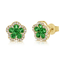 Load image into Gallery viewer, 14K Gold Emerald &amp; Diamond Flower Stud Earrings
