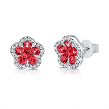 Load image into Gallery viewer, 14K Gold Ruby &amp; Diamond Flower Stud Earrings
