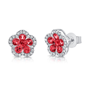 14K Gold Ruby & Diamond Flower Stud Earrings
