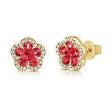 Load image into Gallery viewer, 14K Gold Ruby &amp; Diamond Flower Stud Earrings