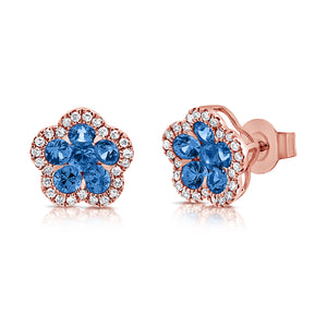 14K Gold Sapphire & Diamond Flower Stud Earrings