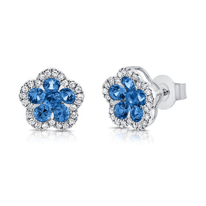14K Gold Sapphire & Diamond Flower Stud Earrings