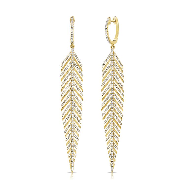 14k Gold & Diamond Feather Dangle Earrings
