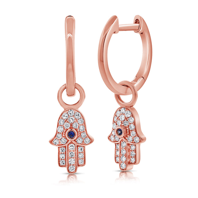 14K Gold Sapphire & Diamond Hamsa Dangle Huggie Earrings