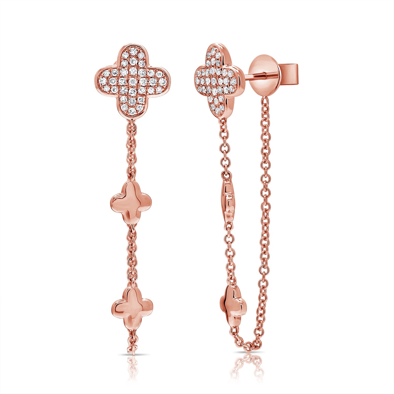 14K Gold Diamond Clover Dangle Chain Earrings - 0.21 CT