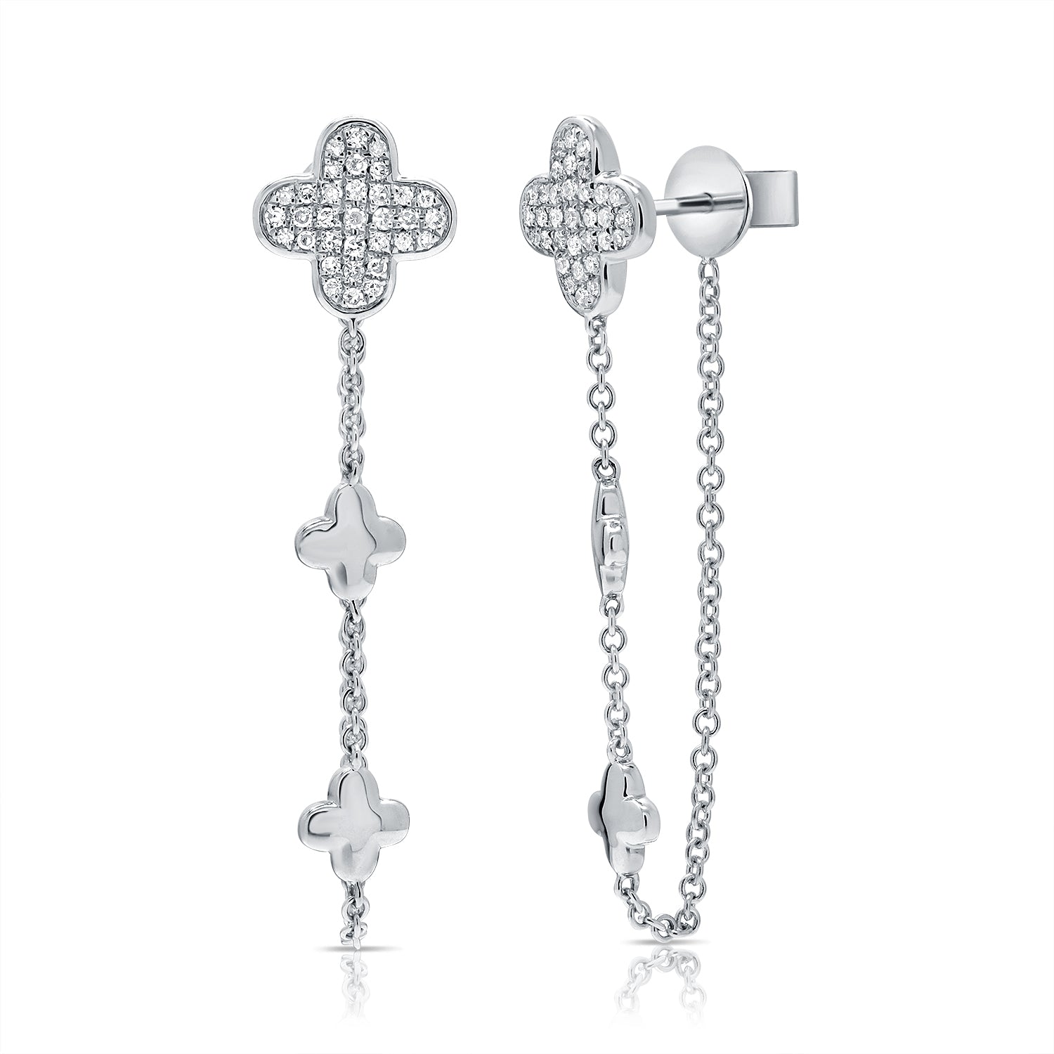 14K Gold Diamond Clover Dangle Chain Earrings - 0.21 CT