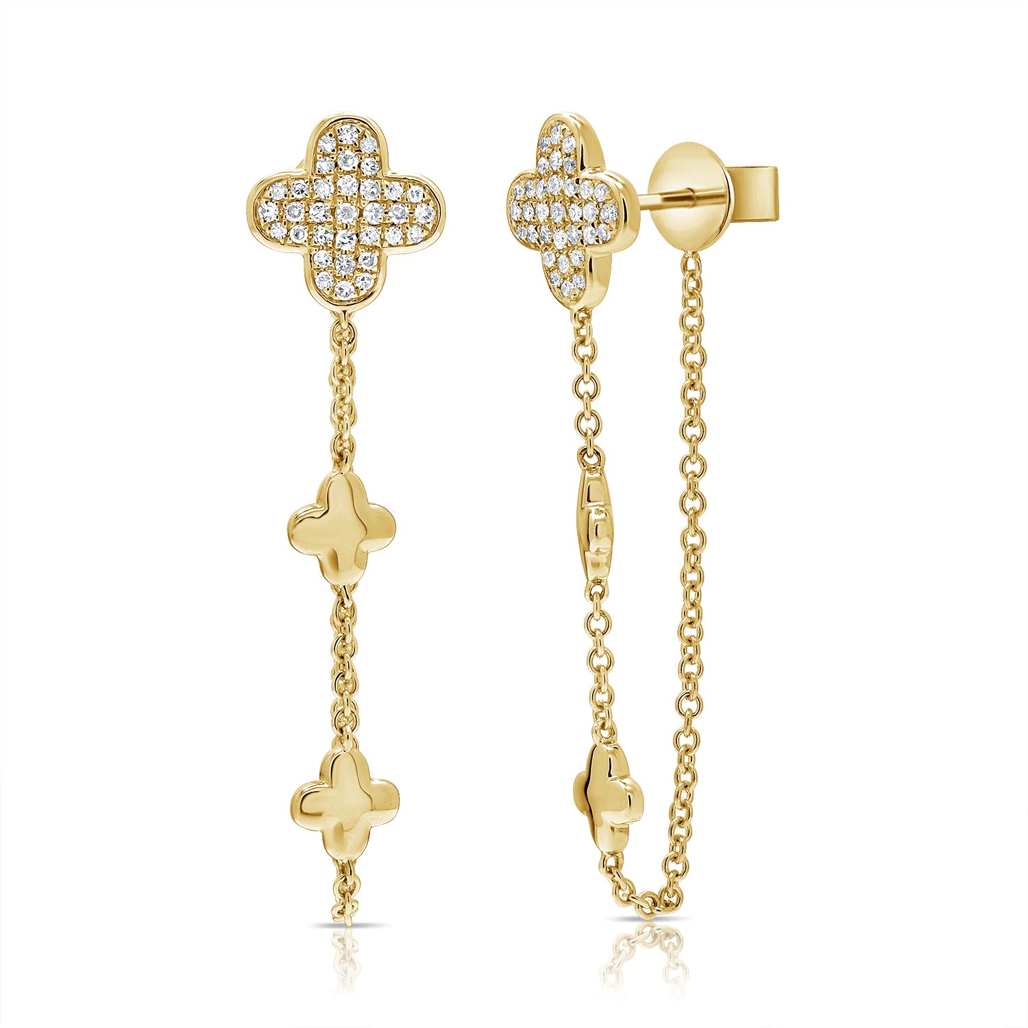 14K Gold Diamond Clover Dangle Chain Earrings - 0.21 CT