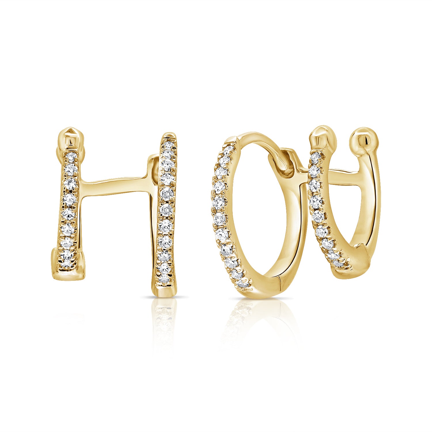 14K Gold Diamond Double Huggie Earrings - 0.12ct