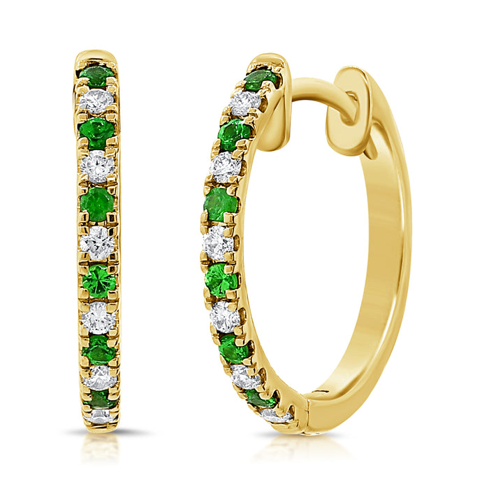 14K Gold Tsavorite & Diamond Huggie Earrings