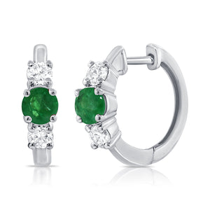 14K Gold Emerald & Diamond Huggie Earrings