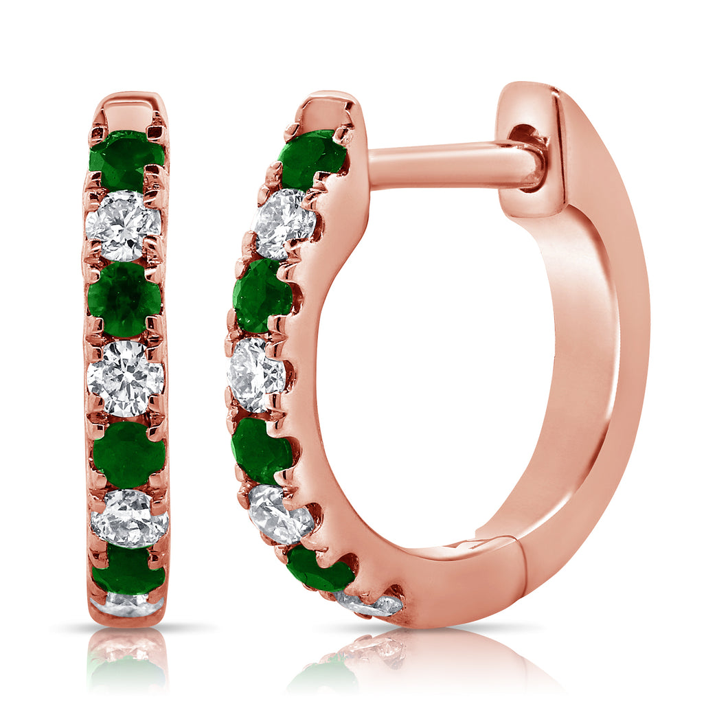14K Gold Diamond & Emerald Huggie Earrings