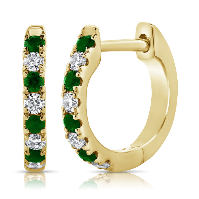 14K Gold Diamond & Emerald Huggie Earrings