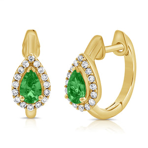 14k Gold Diamond & Emerald Huggie Earrings