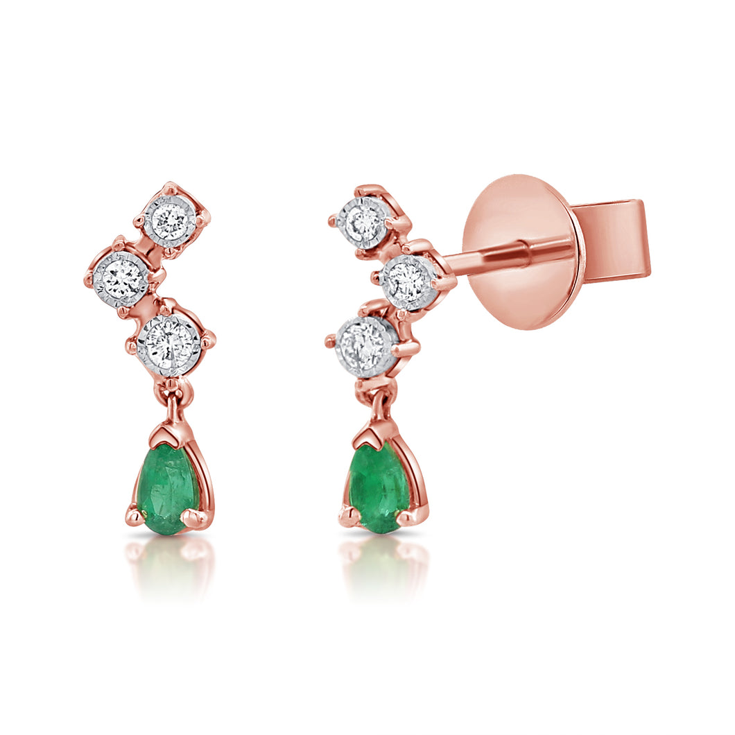 14K Gold Diamond & Emerald Dangle Stud Earrings