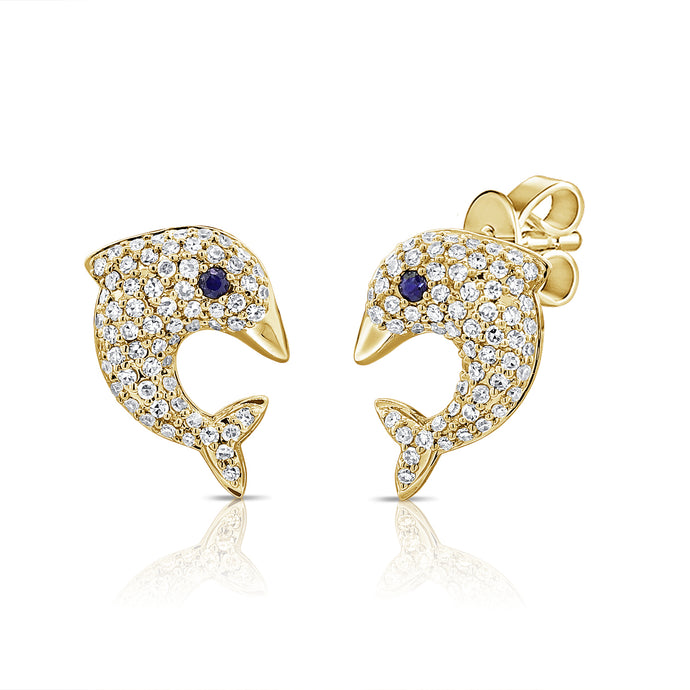 14K Gold Sapphire & Diamond Dolphin Stud Earrings
