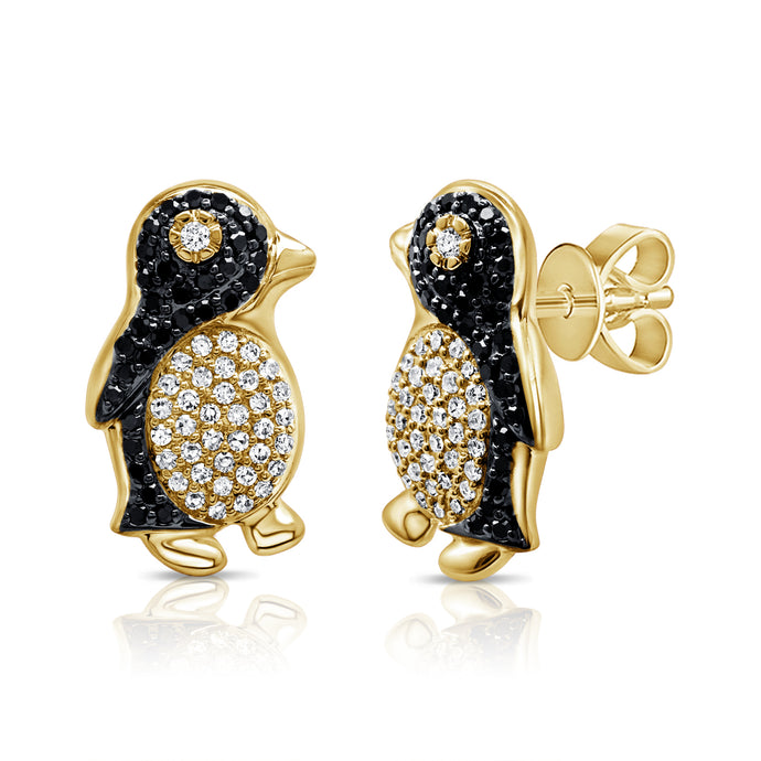 14K Gold Onyx & Diamond Penguin Earrings