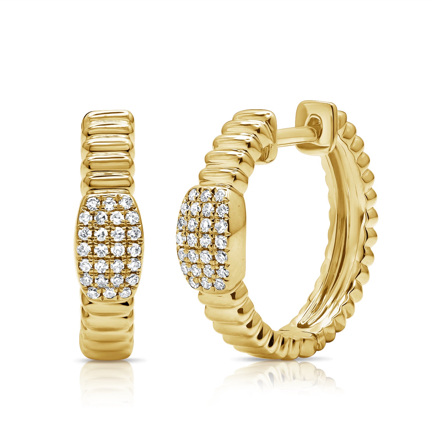 14K Gold & Diamond Fluted Huggie Earrings - 0.11ct