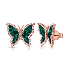 Load image into Gallery viewer, 14K Gold Malachite &amp; Diamond Butterfly Stud Earrings