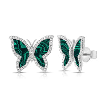 Load image into Gallery viewer, 14K Gold Malachite &amp; Diamond Butterfly Stud Earrings