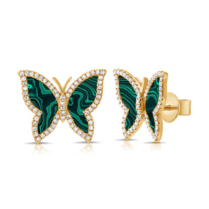 14K Gold Malachite & Diamond Butterfly Stud Earrings