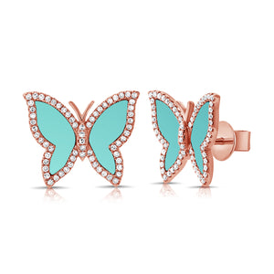 14K Gold Turquoise & Diamond Butterfly Stud Earrings