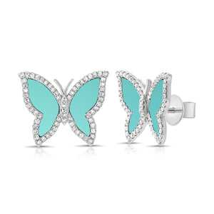 14K Gold Turquoise & Diamond Butterfly Stud Earrings