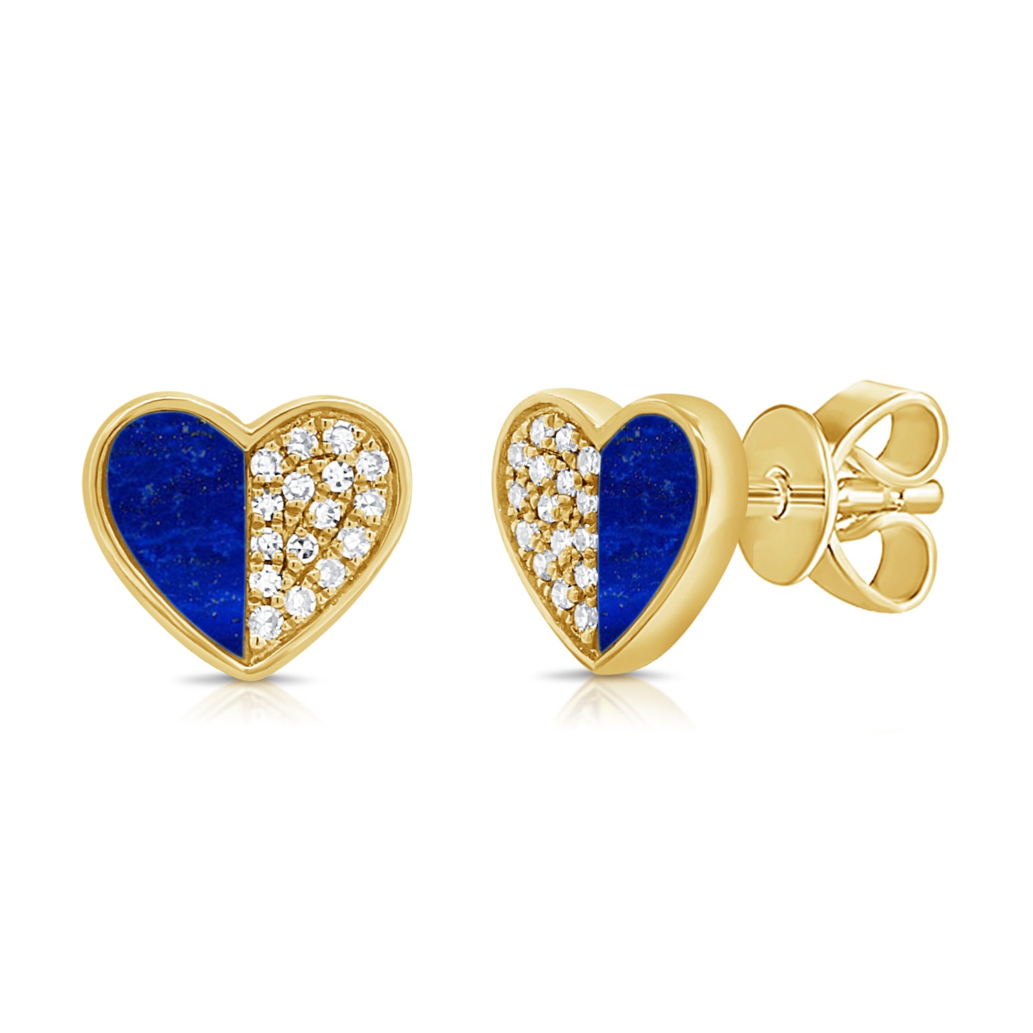 14K Gold Lapis & Diamond Heart Stud Earrings- 0.14 CT