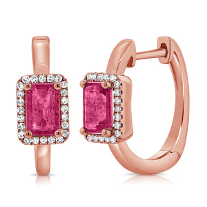 14K Gold Pink Sapphire & Diamond Huggie Earrings