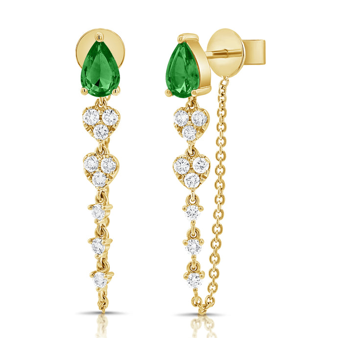 14k Gold Diamond & Emerald Dangle Stud Earrings