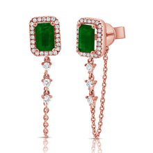 Load image into Gallery viewer, 14K Gold Diamond &amp; Emerald Dangle Chain Stud Earrings