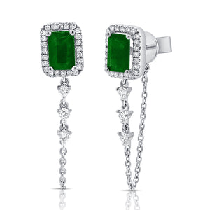 14K Gold Diamond & Emerald Dangle Chain Stud Earrings